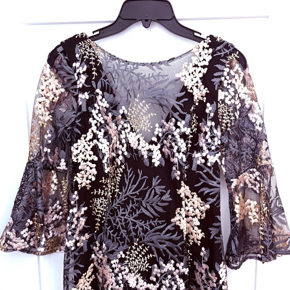 Badgley Mischka Black Multi Color Embroidered Net Overlay Cocktail Dress Size 2 - Picture 4 of 10